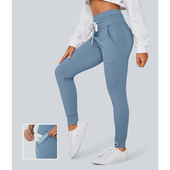 Halara Softlyzero HighWaisted Drawstring Full Length Joggers Gray Blue XS Petite - Picture 1 of 6